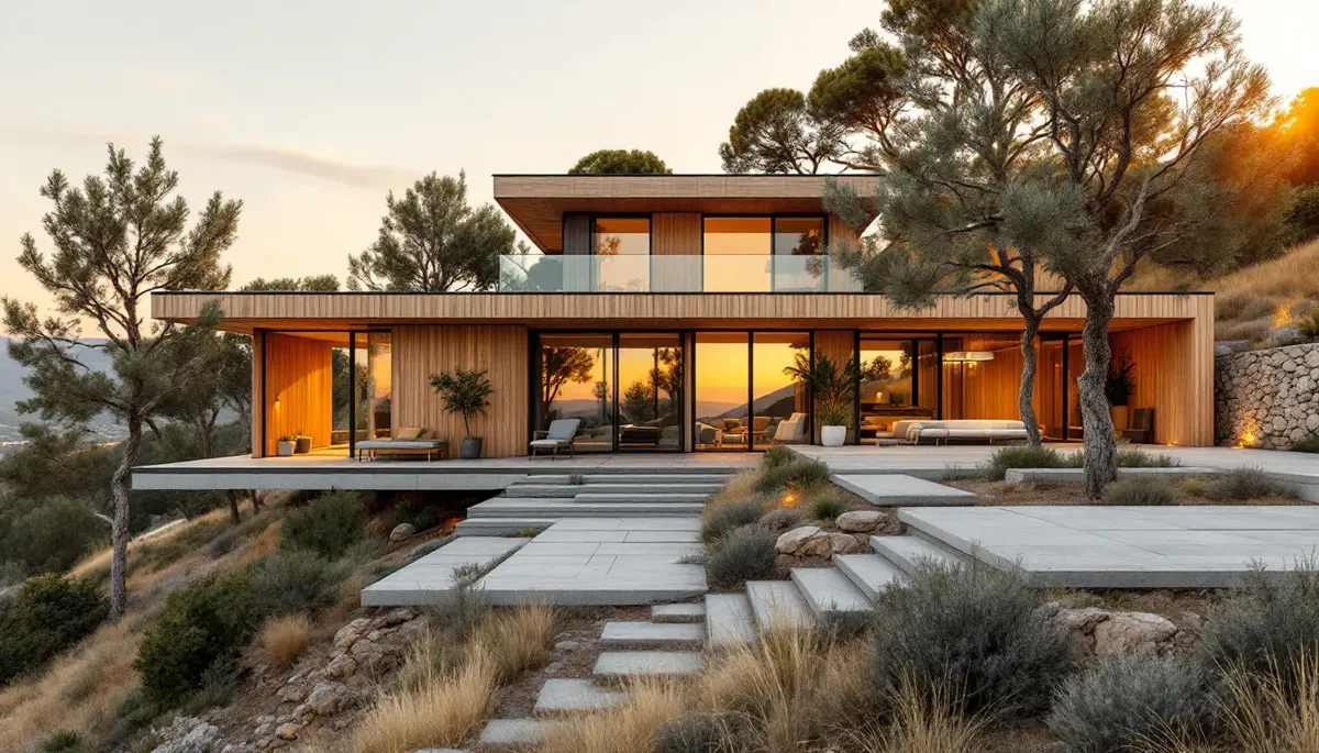 Casa de madera moderna en Barcelona con terraza y vegetación mediterránea al atardecer