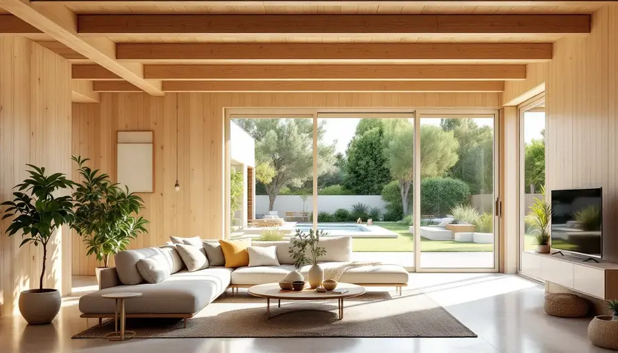 Interior de casa de madera con vigas estructurales, sala luminosa y jardín mediterráneo al fondo