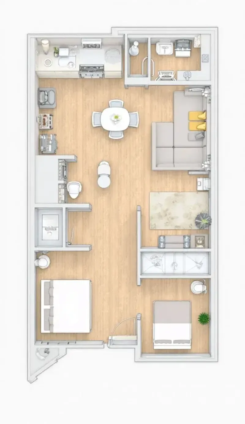 Plano de planta a color con muebles y distribución