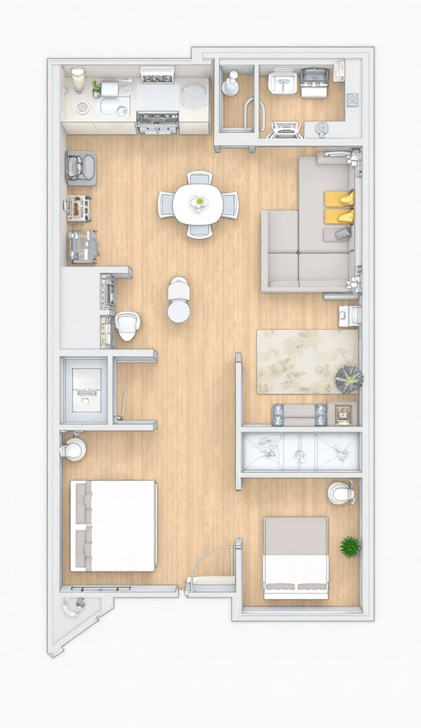 Plano de planta a color con muebles y distribucion