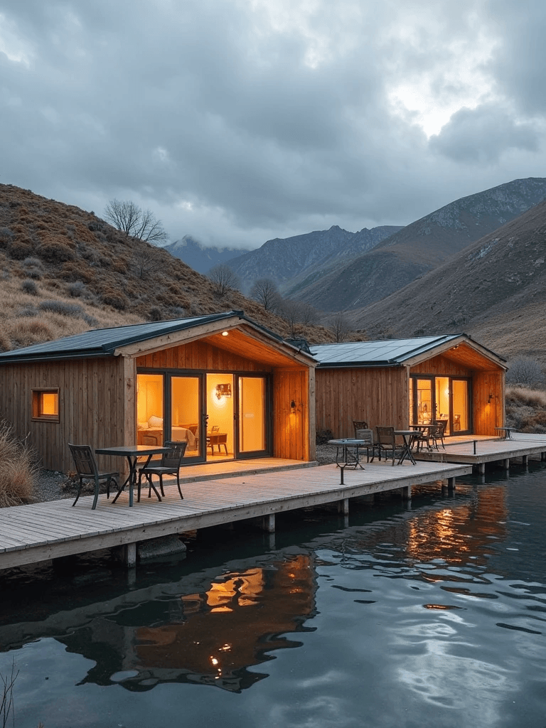 Cabañas de madera junto a un lago al atardecer, rodeadas de montañas