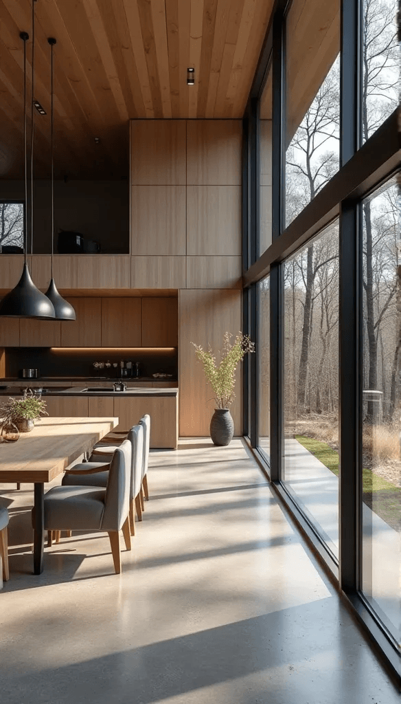 Interior moderno con cocina y comedor con vistas al bosque a traves de grandes ventanales