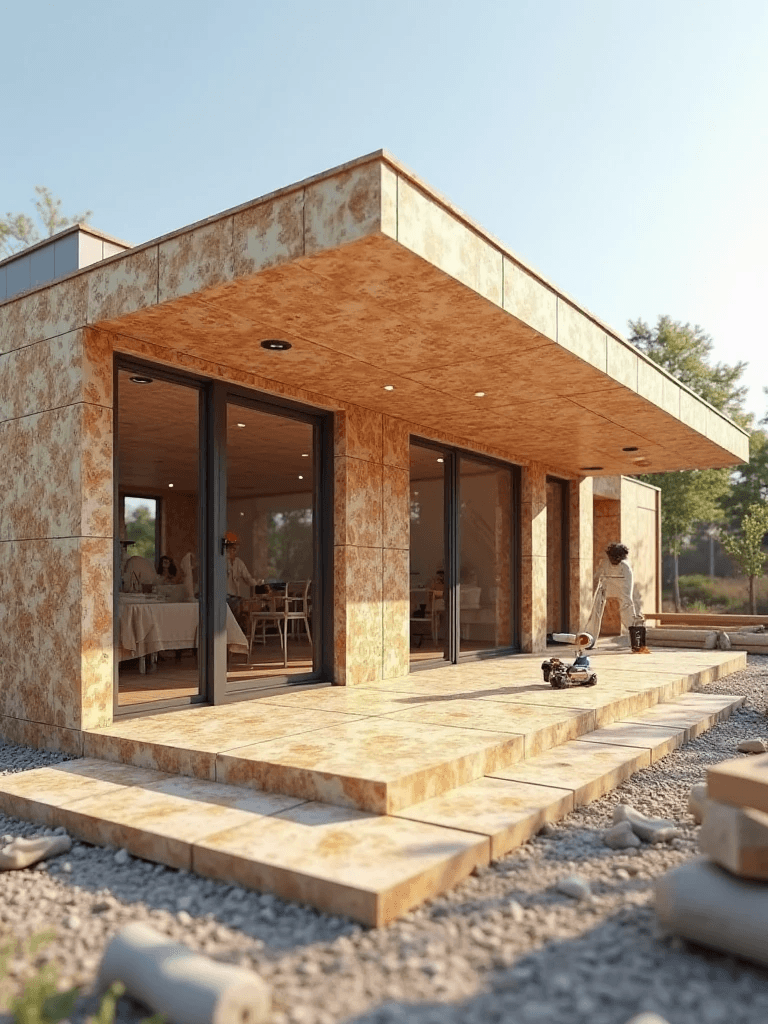 Casa de materiales ecologicos con familia en el exterior