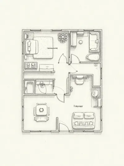 Plano de planta dibujado a mano de vivienda compacta