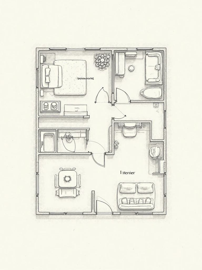 Plano de planta dibujado a mano de vivienda compacta