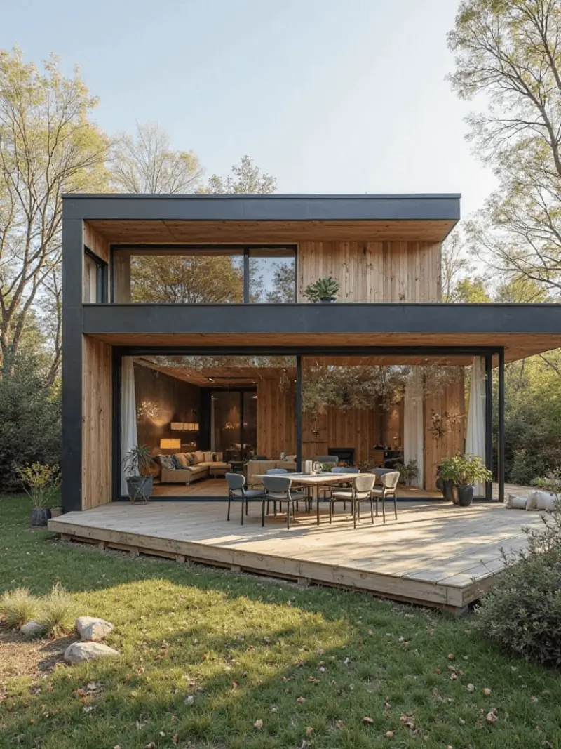 Casa de madera moderna de dos pisos construida con entramado ligero en un entorno boscoso