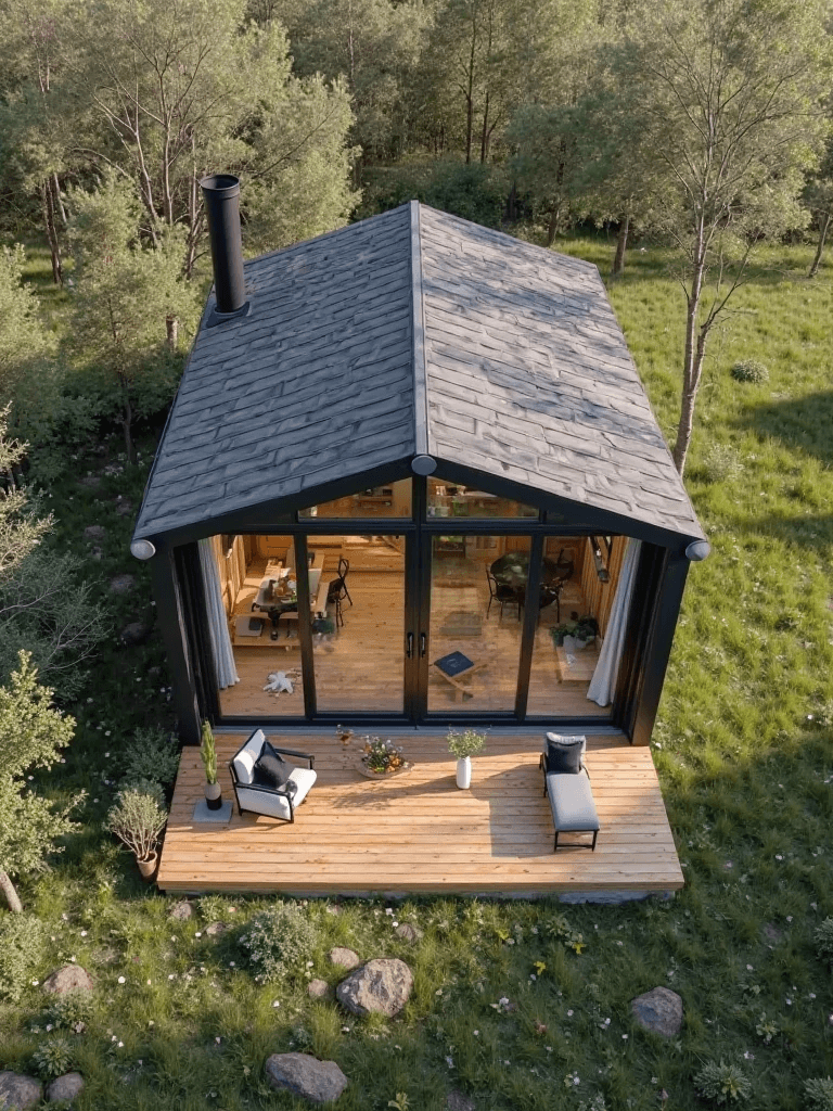 Cabaña tipo A-frame vista aerea rodeada de arboles