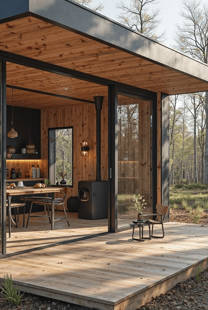 Porche abierto de cabaña con estufa y bosque de pinos