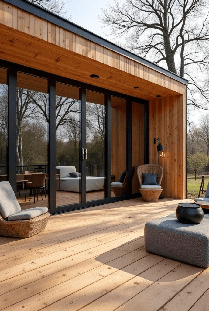 Terraza de cabaña con tumbonas y vistas invernales
