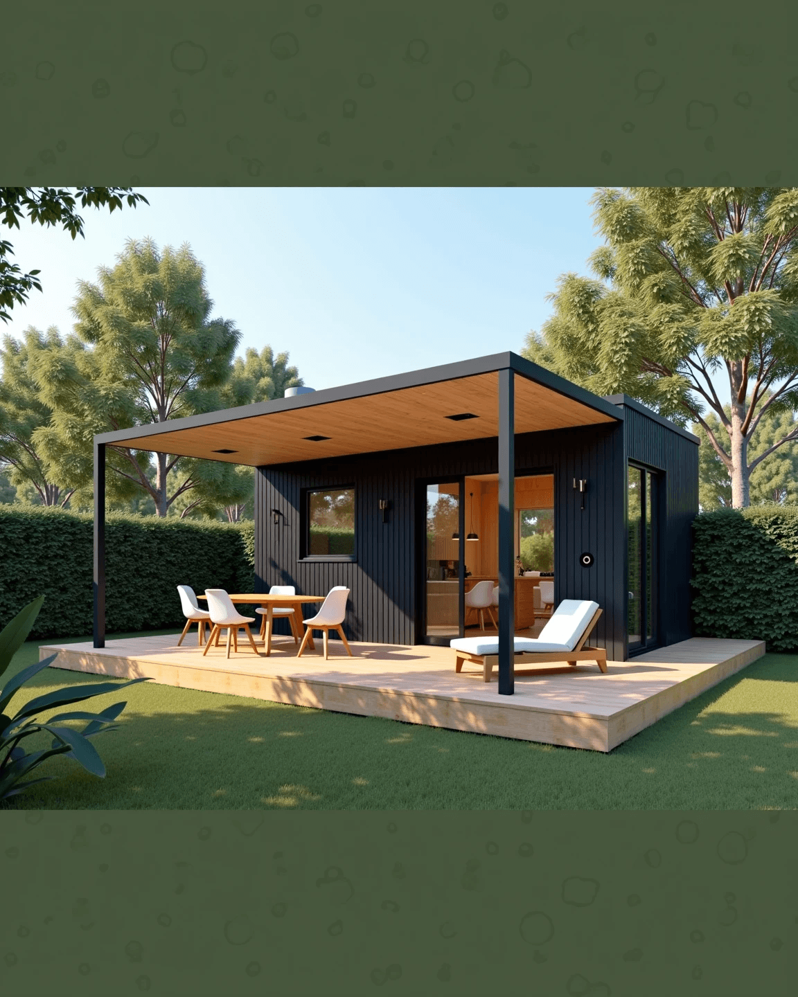 Cabaña oscura moderna con terraza cubierta y muebles blancos