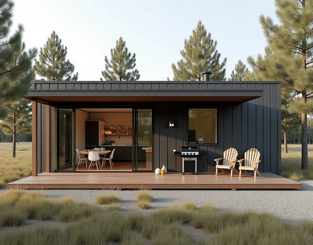 Cabaña oscura en bosque de pinos con terraza y barbacoa