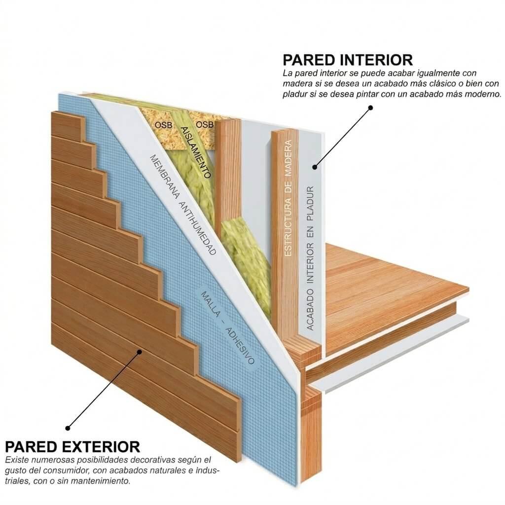 Corte transversal del sistema de entramado ligero mostrando capas: pared exterior, membrana antihumedad, OSB, aislamiento, estructura de madera, acabado interior