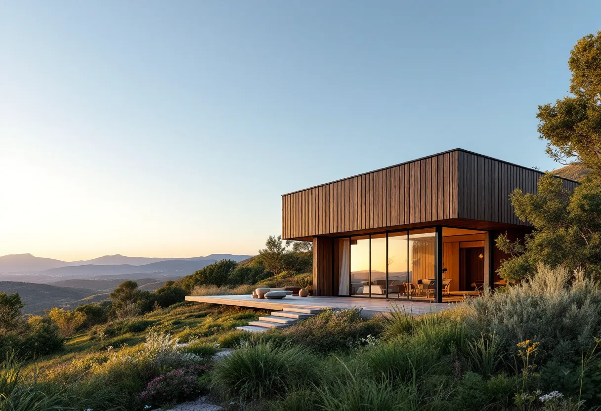 Casa moderna con panel SIP integrada en el paisaje catalán, montañas mediterráneas al fondo