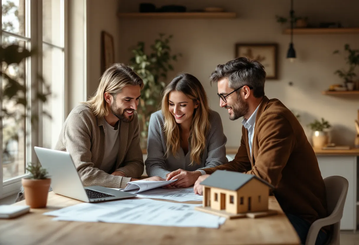 Arquitecto y pareja revisando planos y presupuesto de casa con panel SIP
