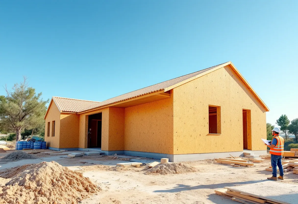 Casa con panel SIP en proceso de construcción, paredes OSB visibles antes del revestimiento