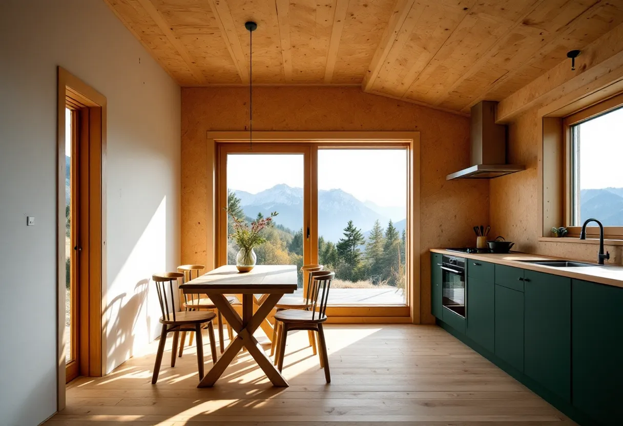 Cocina y comedor de casa con panel SIP, ventana grande con vistas a montaña