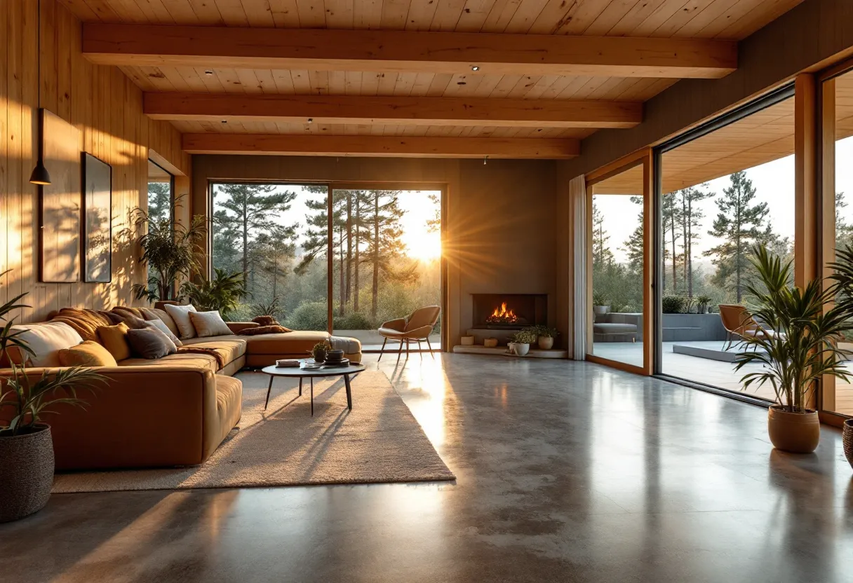 Interior salón luminoso de casa con panel SIP, vigas de madera y ventanales al bosque