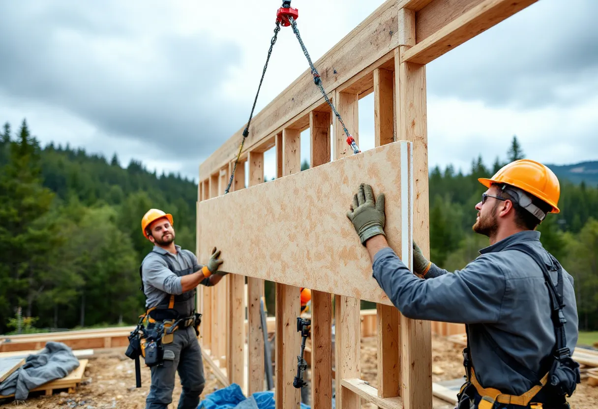 Operarios instalando paneles SIP en la estructura de madera de una vivienda en España