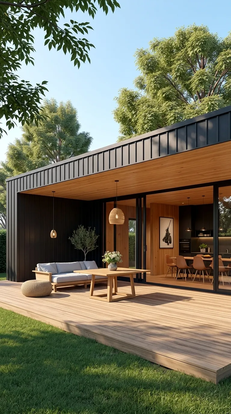 Casa moderna de dos pisos con madera y acero en un bosque verde