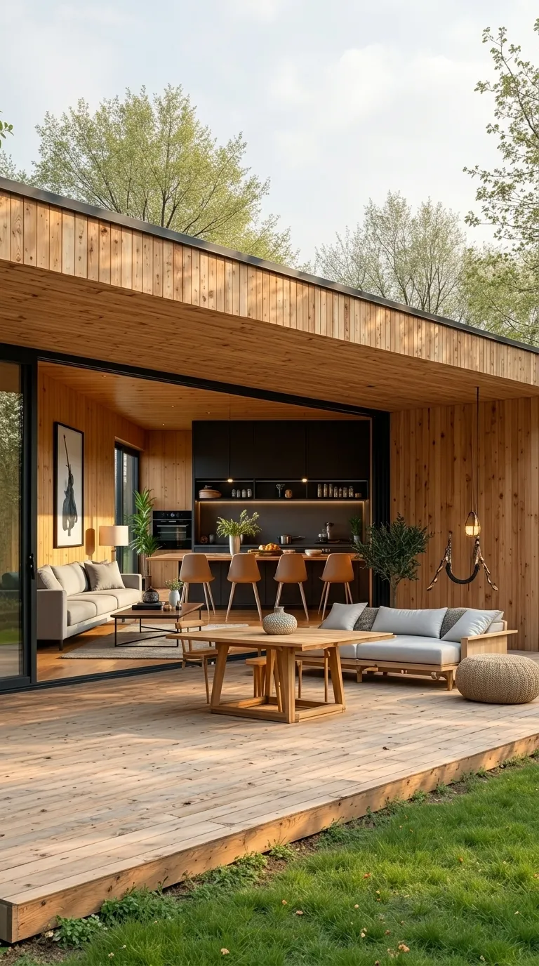 Cabaña oscura moderna con terraza cubierta y muebles blancos