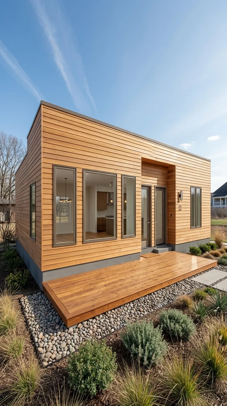 Cabaña compacta moderna con terraza en jardín verde