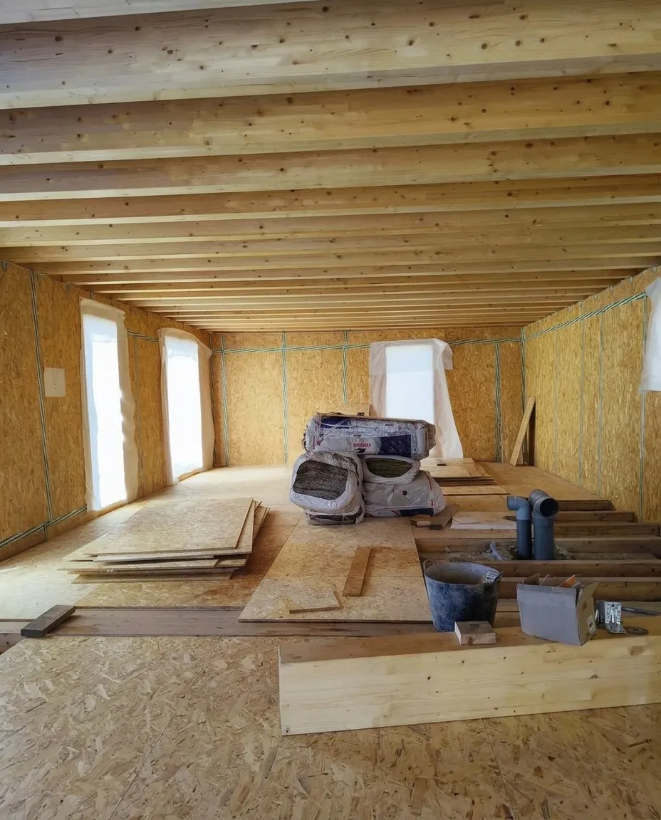 Interior casa entramado ligero durante la construcción