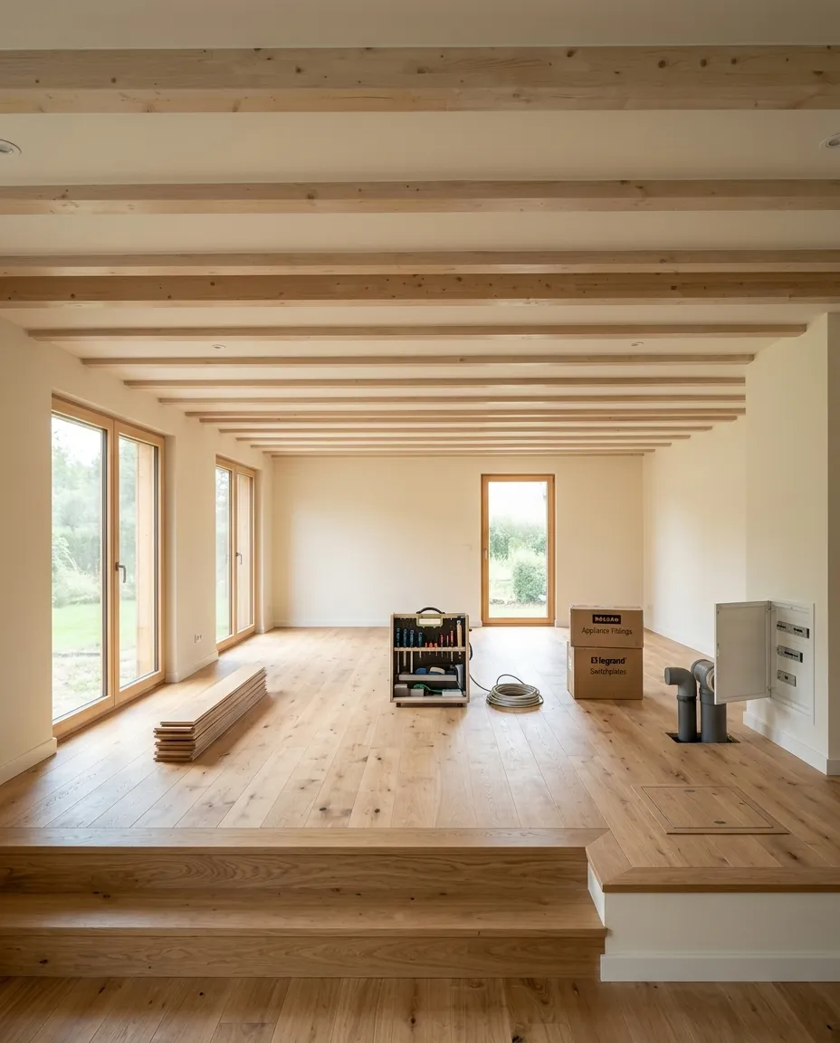 Interior casa entramado ligero en proceso de terminado