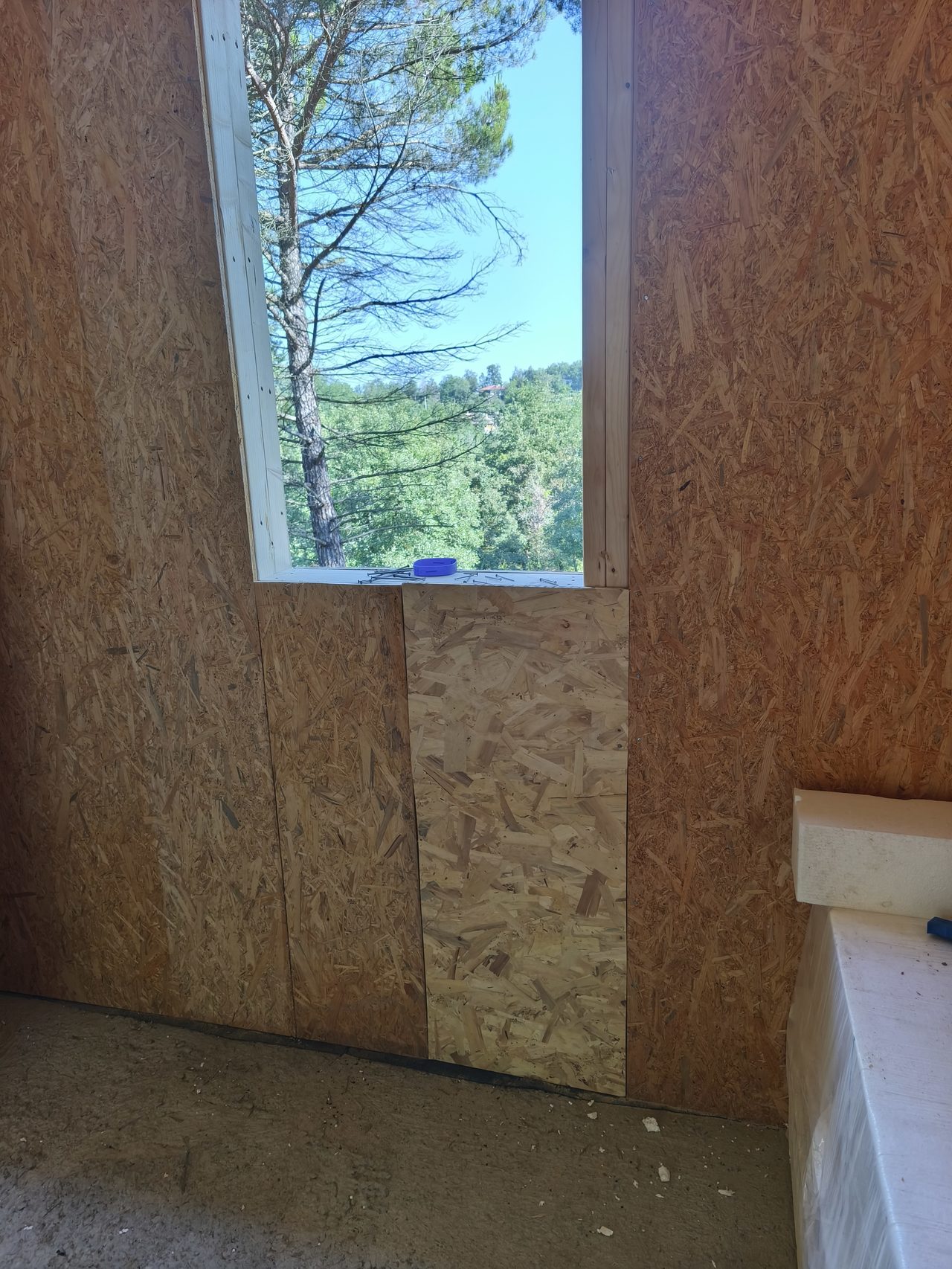 Ventana de casa de madera con pino mediterráneo al fondo, integración con el entorno natural
