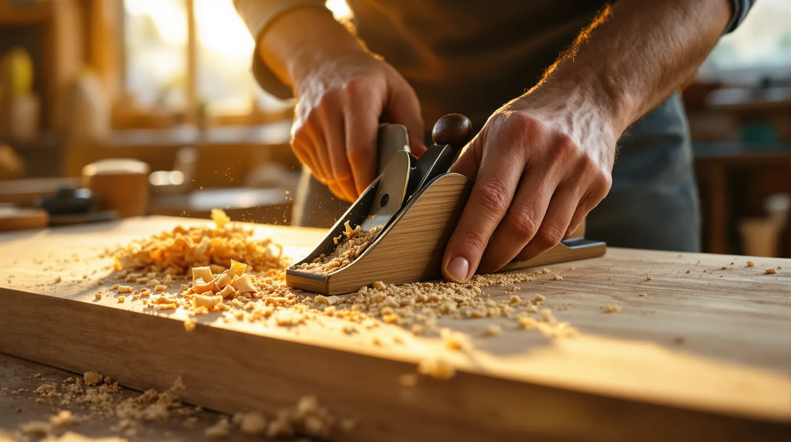 Manos de carpintero trabajando madera natural con cepillo de mano en taller con luz cálida